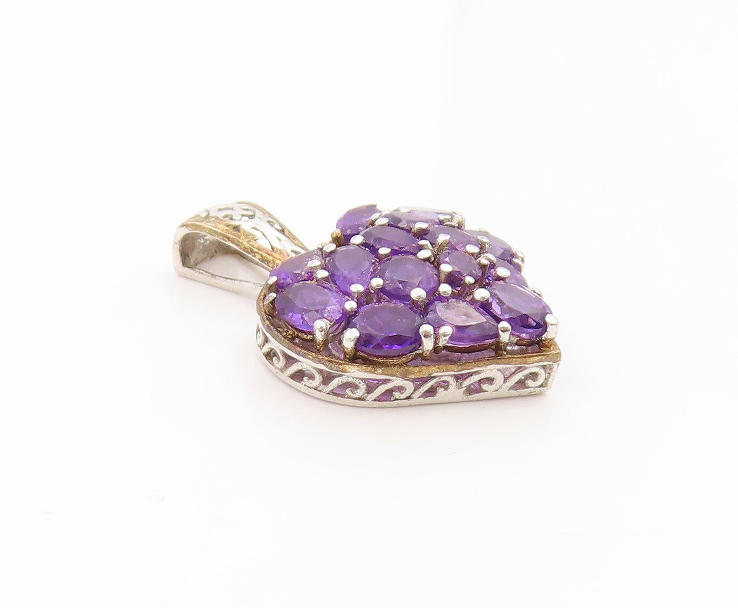 925 Sterling Silver Vintage Pendant Amethyst Elegant Love Heart Cluster  PT26101