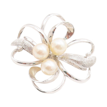 925 Sterling Silver Vintage Brooch Designer Cutout Pearl Flower  BP11470
