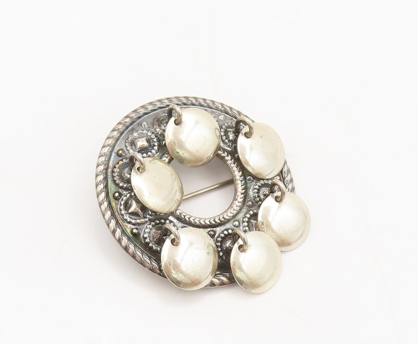 NORWAY 925 Silver  Vintage Solid Twisted Rope Carved Round Brooch Pin  BP10496