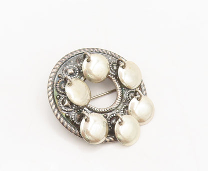 NORWAY 925 Silver  Vintage Solid Twisted Rope Carved Round Brooch Pin  BP10496