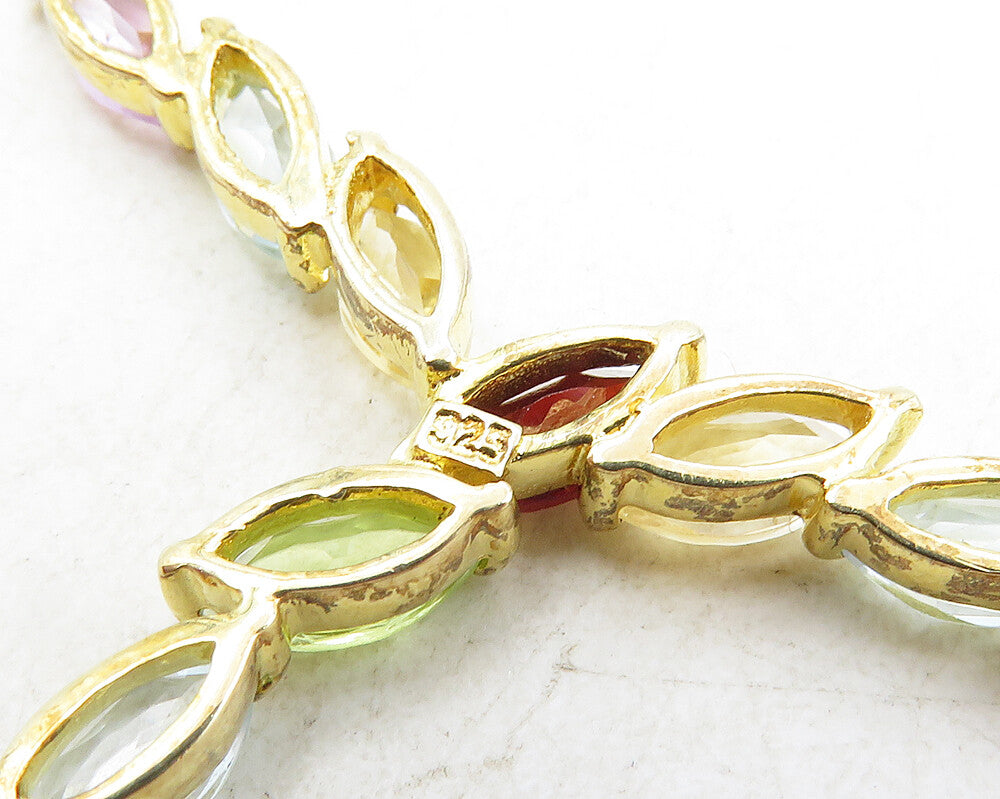 925 Sterling Silver Garnet & Multi Stone Gold Plated Chain Necklace NE1944