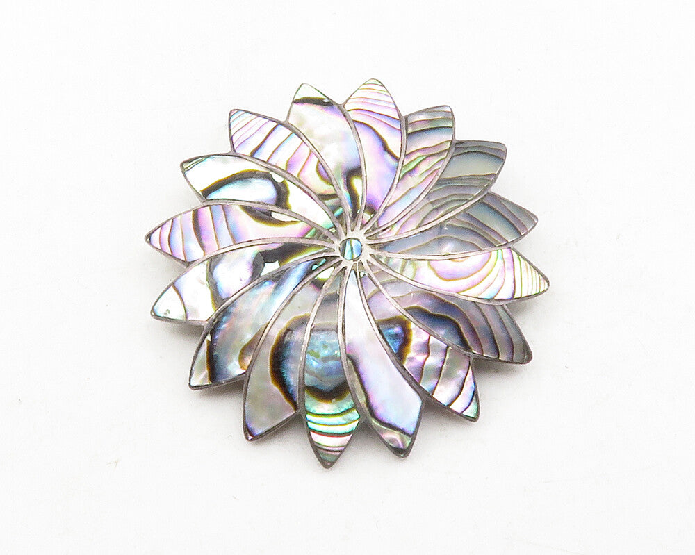 ICM MEXICO 925 Silver  Vintage Abalone Shell Flower Motif Brooch Pin  BP4512