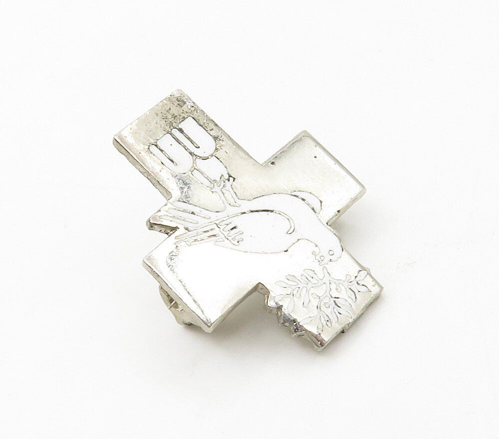 925 Sterling Silver  Vintage Enamel Dove Religious Cross Brooch Pin  BP6476