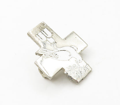 925 Sterling Silver  Vintage Enamel Dove Religious Cross Brooch Pin  BP6476