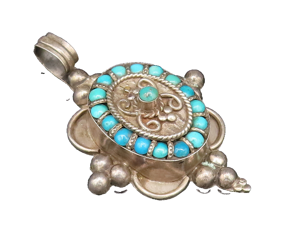 925 Sterling Silver Vintage Beaded & Rope Twist Multi Turquoise Pendant  PT21766