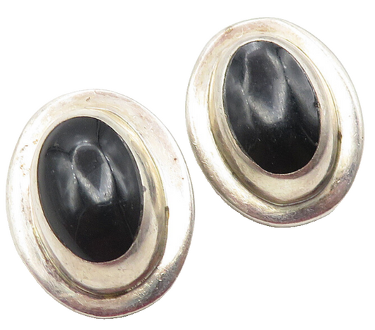 MEXICO 925 Sterling Silver  Vintage Black Onyx Non Pierce Drop Earrings EG5938