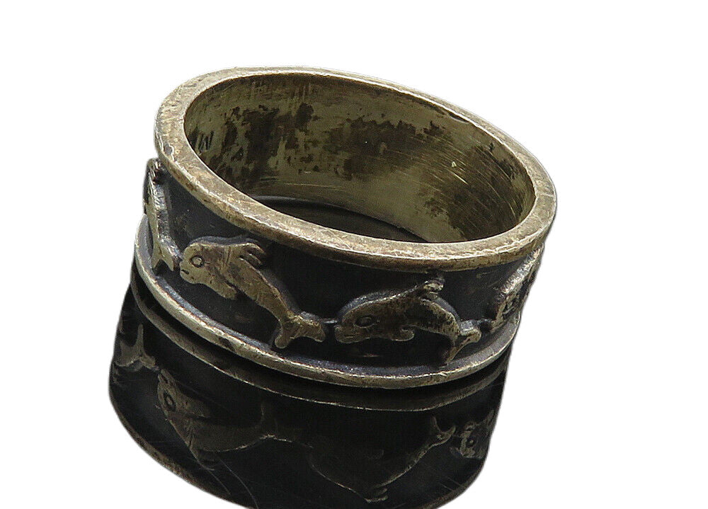 MEXICO 925 Sterling Silver  Vintage Oxidized Dolphins Band Ring Sz 8  RG9993