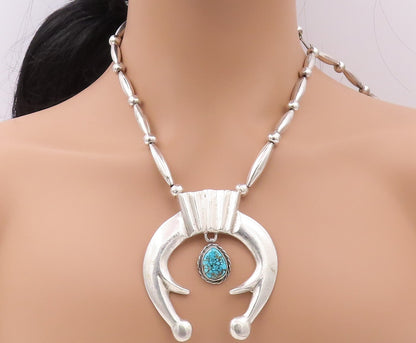 925 Sterling Silver Vintage Necklace NAVAJO ZUNI Large Carved Turquoise  NE4366