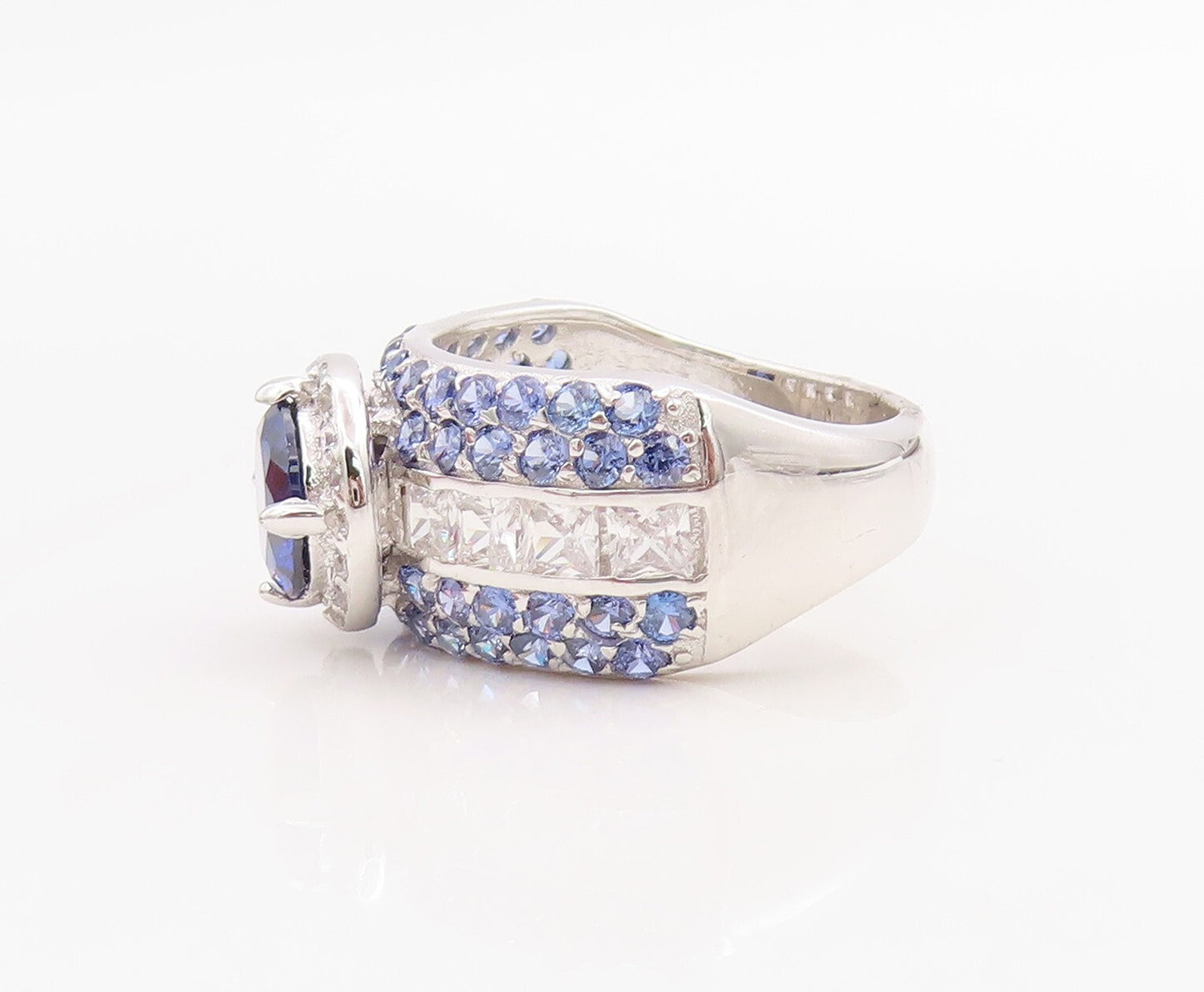 925 Sterling Silver Vintage Ring Designer Sapphire & CZ Inlay  Sz 8.5  RG30973
