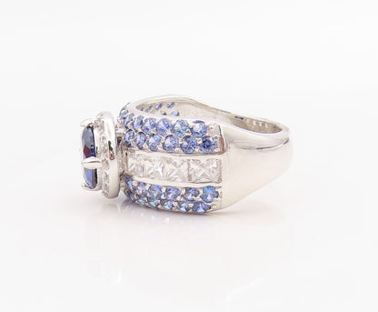925 Sterling Silver Vintage Ring Designer Sapphire & CZ Inlay  Sz 8.5  RG30973