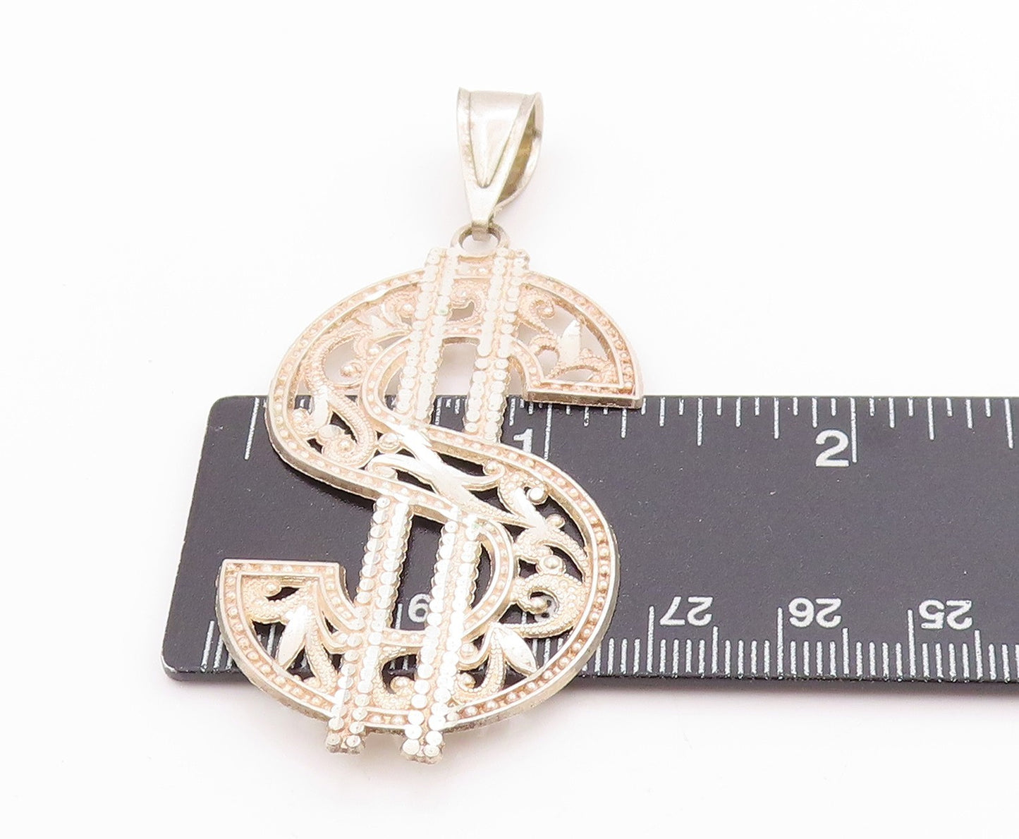 925 Sterling Silver Vintage Pendant Large Filigree Dollar Sign Cut Out  PT24947