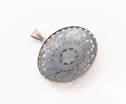 925 Sterling Silver Vintage Pendant Large Round Swirly Floral Carved  PT23034
