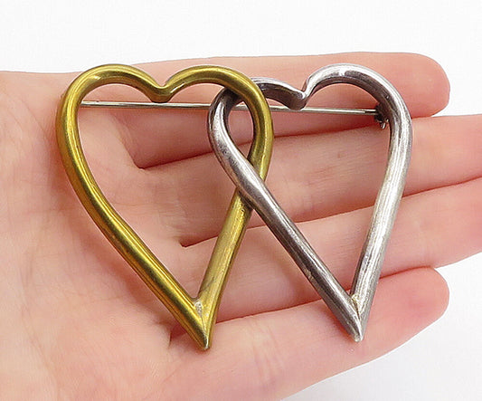 925 Sterling Silver  Vintage Shiny 2 Tone Open Love Hearts Brooch Pin  BP2245