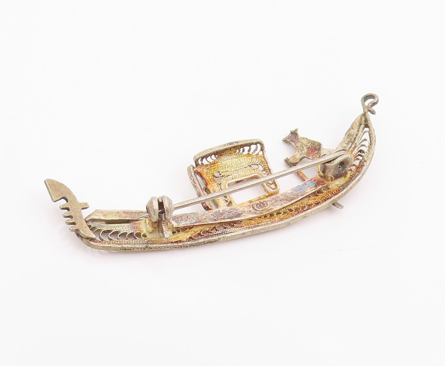925 Sterling Silver Vintage Brooch Pin Filigree Miniature Gondola Boat  BP12450