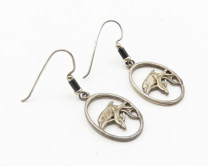 925 Sterling Silver  Vintage Black Onyx Beaded Dolphin Dangle Earrings  EG5719