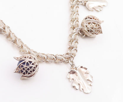 925 Sterling Silver Vintage Necklace Lapis Lazuli Beads Botanical Charm  NE4779