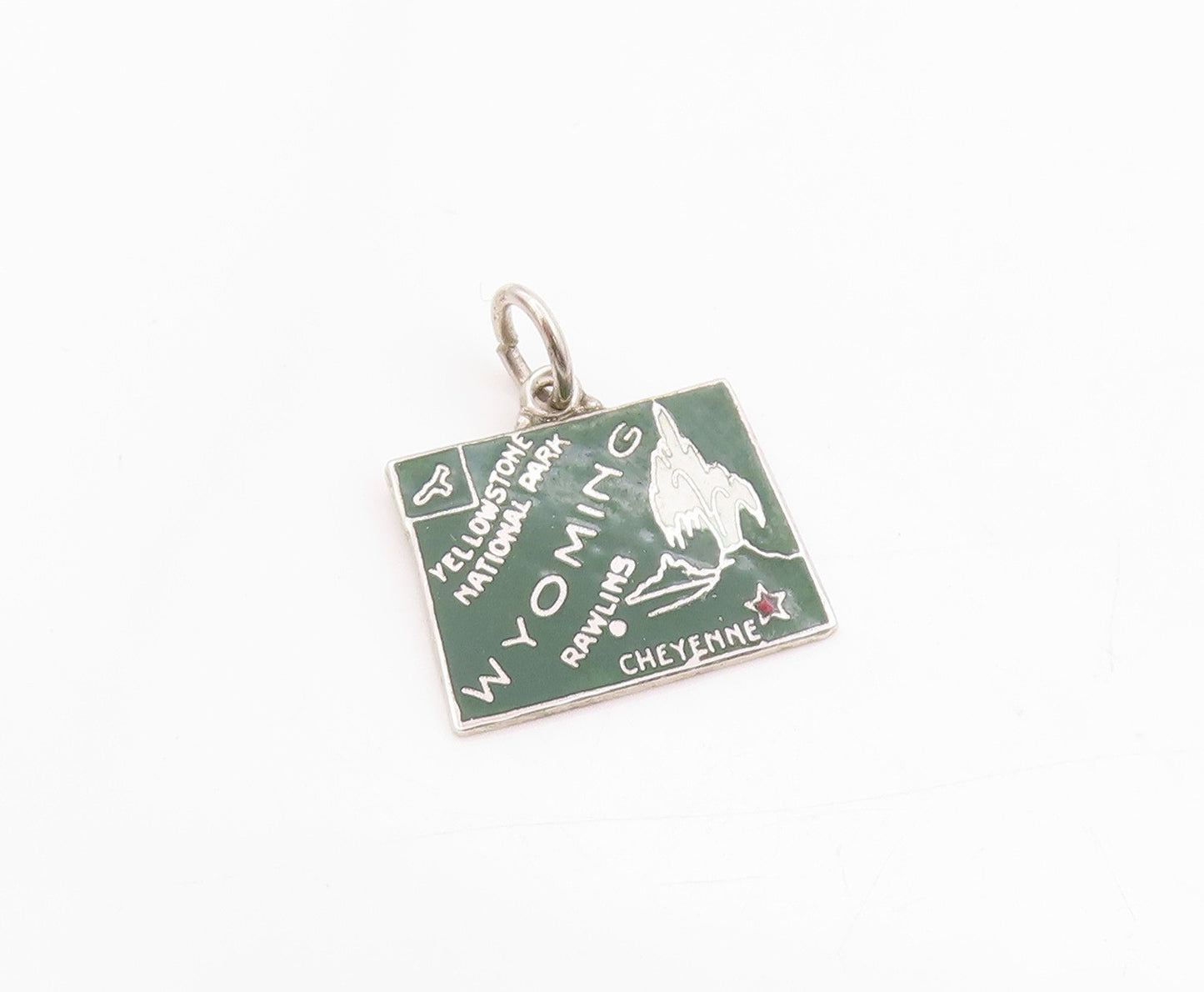 925 Sterling Silver Vintage Pendant Green Enameled Wyoming State Charm  PT24979