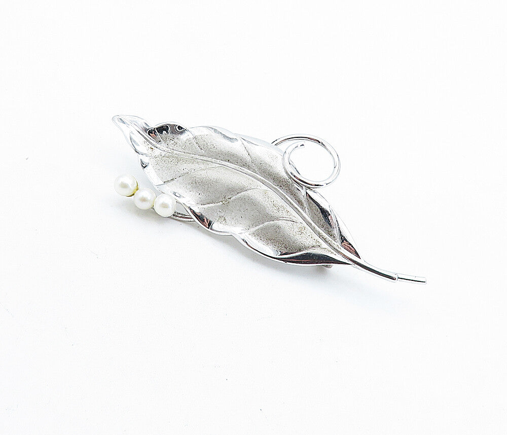 CARL ART 925 Silver Vintage Petite Pearls Shiny Floral Leaf Brooch Pin BP2418