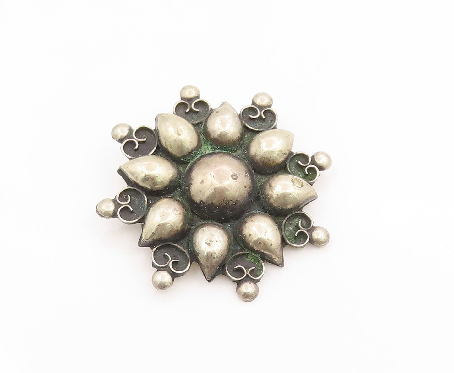 925 Sterling Silver Vintage Brooch Pin MEXICO Classic Floral Sunburst  BP12504