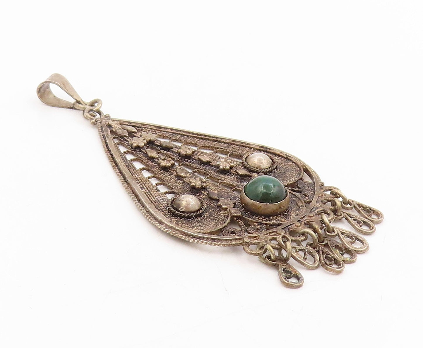 925 Sterling Silver Vintage Pendant Round Malachite Intricate Chandelier PT25449