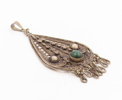 925 Sterling Silver Vintage Pendant Round Malachite Intricate Chandelier PT25449