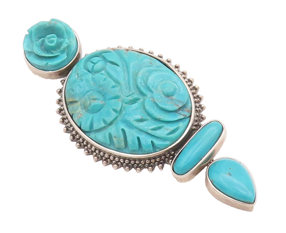 925 Sterling Silver Vintage Brooch Pin AMY KHAN RUSSELL Carved Turquoise BP10754