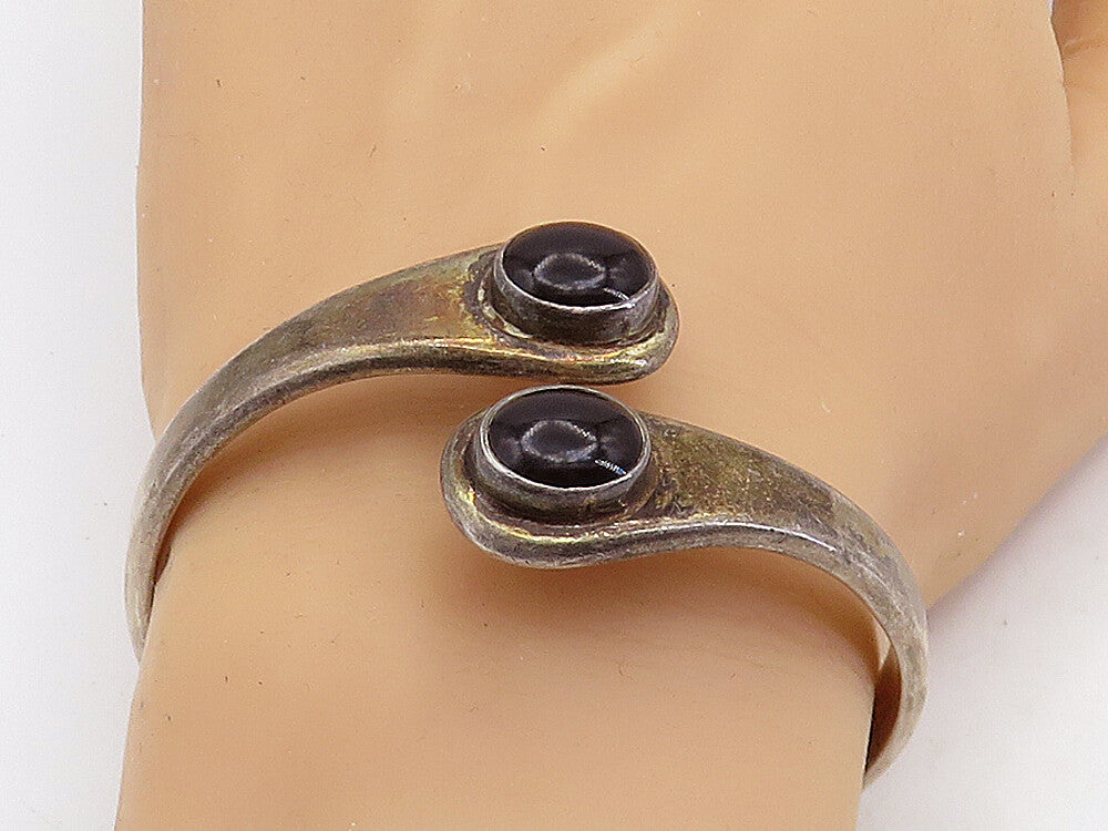 MEXICO 925 Sterling Silver  Vintage Black Onyx Bypass Cuff Bracelet  BT2752