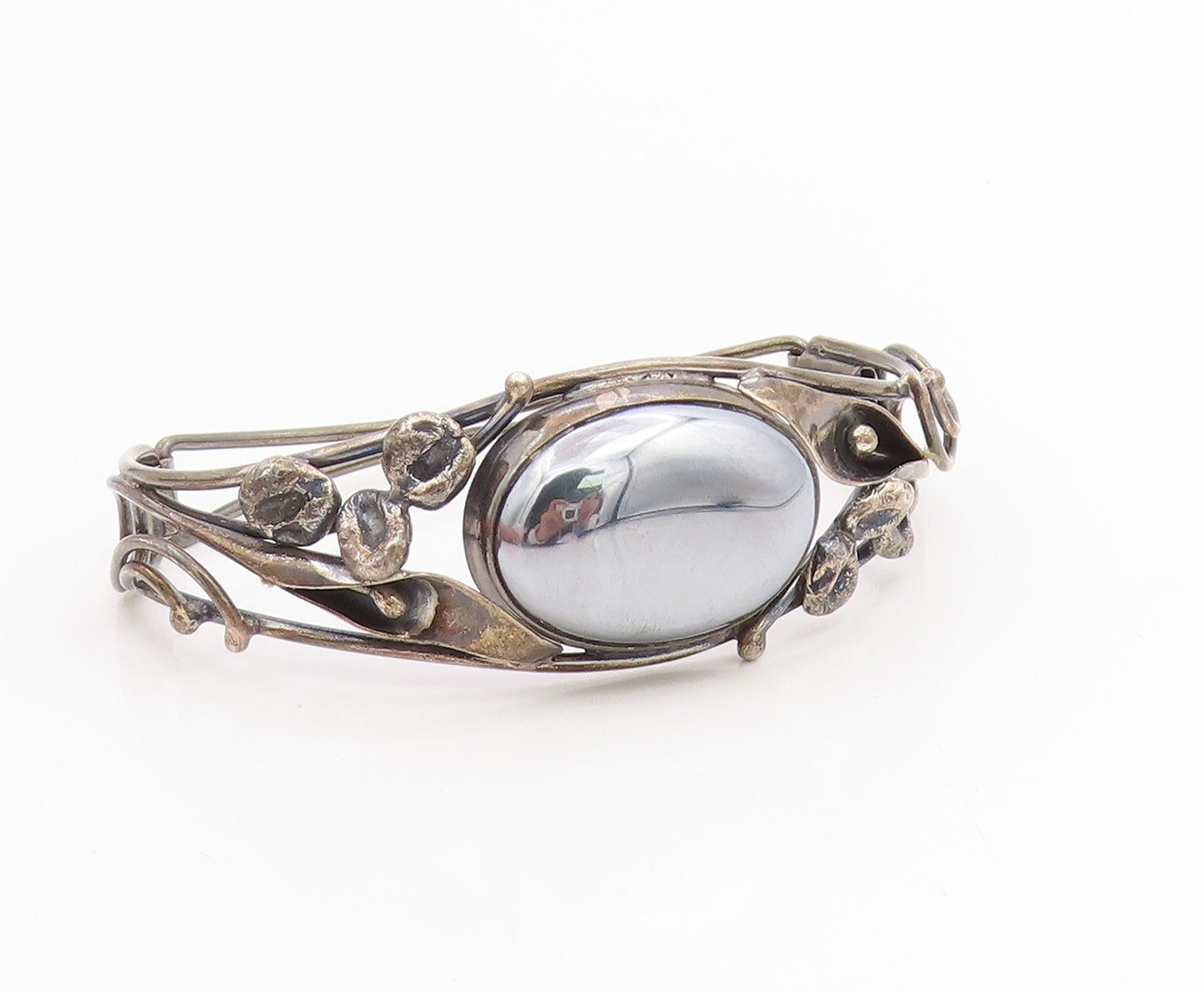 925 Sterling Silver Vintage Bracelet POLAND Hematite Floral Bangle  BT11841
