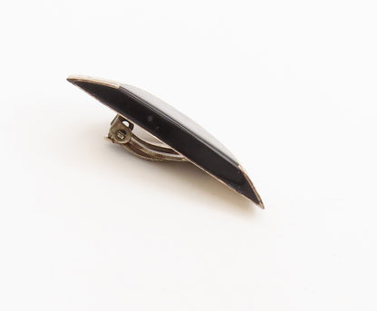 MEXICO 925 Sterling Silver  Vintage Hammered Semicircle Onyx Earrings  EG12734