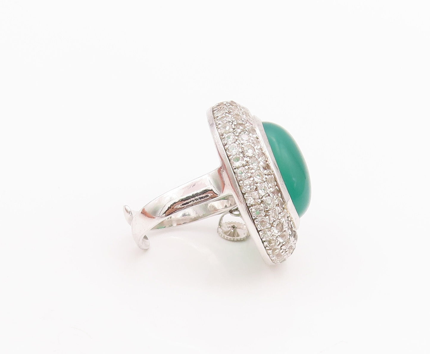925 Sterling Silver Vintage Ring Oval Cabochon Green Onyx & Topaz  Sz 8  RG29297