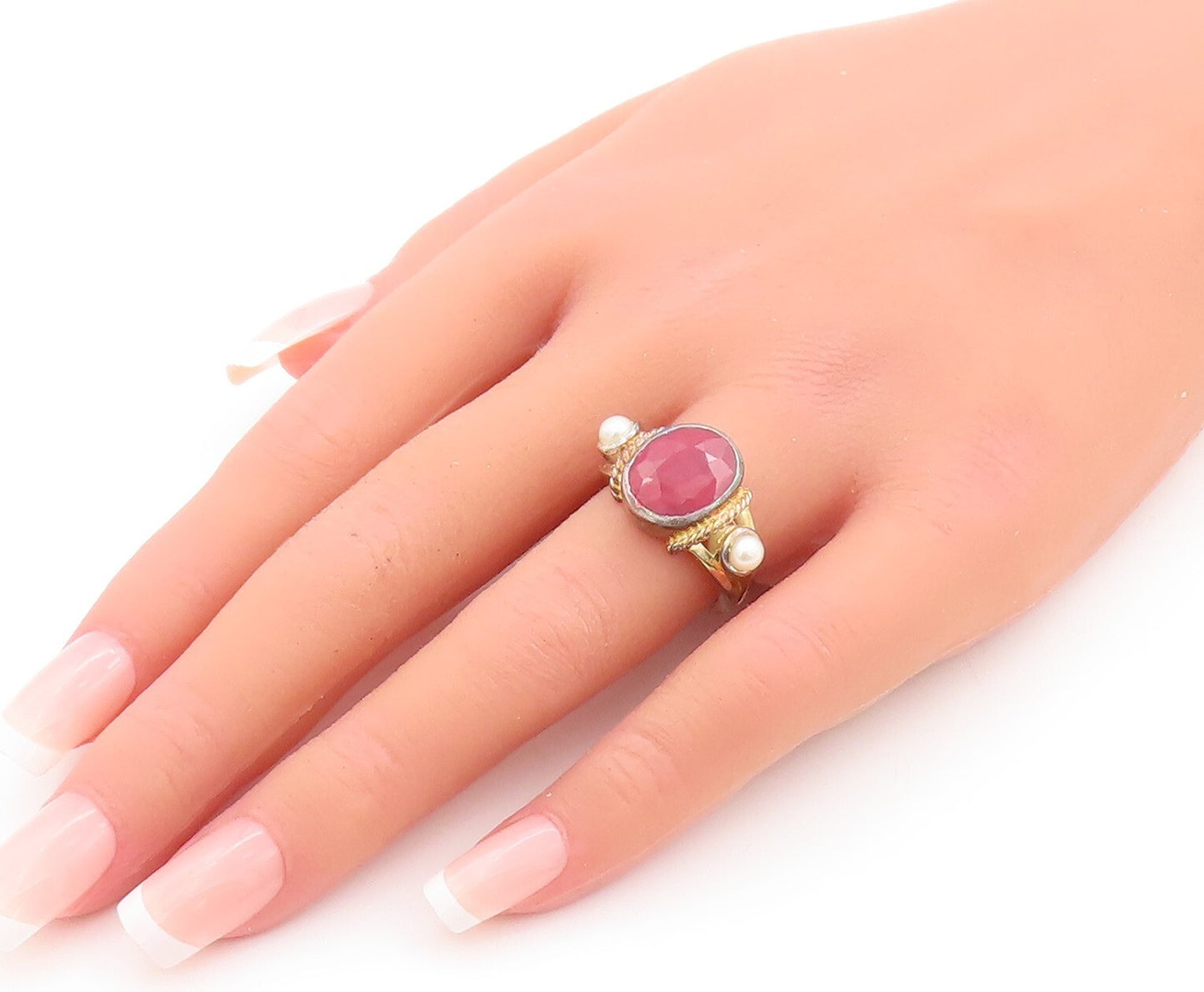925 Sterling Silver Vintage Ring Gold Plated Oval Ruby & Pearls  Sz 6.5  RG29527