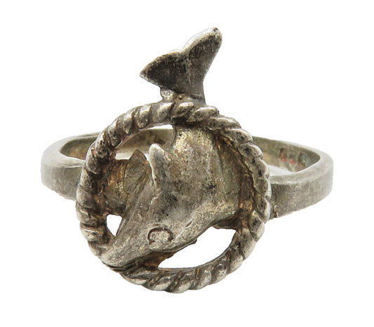 925 Sterling Silver  Vintage Dark Tone Dolphin Twist Band Ring Sz 7  RG14346