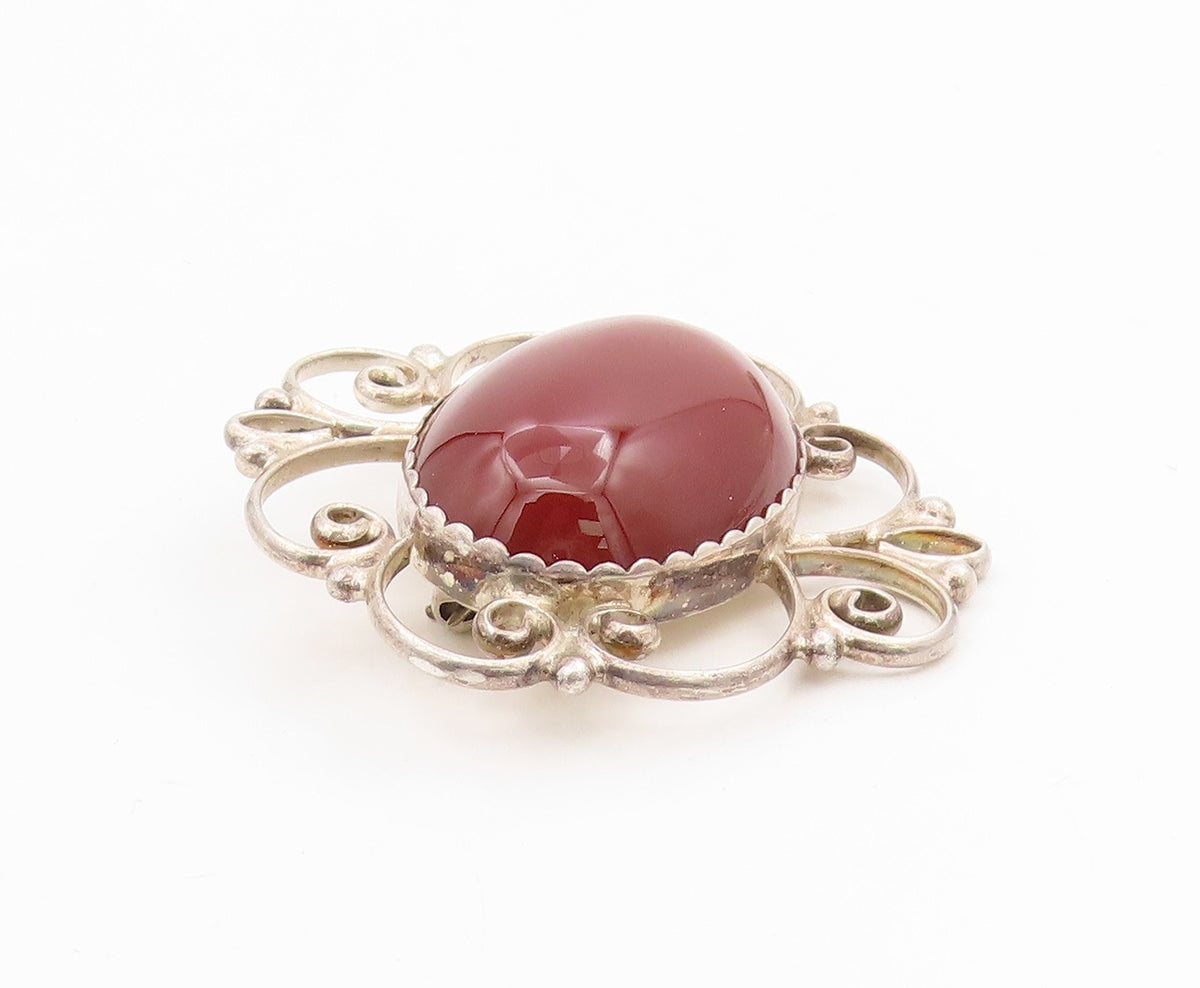 925 Sterling Silver Vintage Brooch POLAND Cabochon Carnelian Scrollwork  BP12135