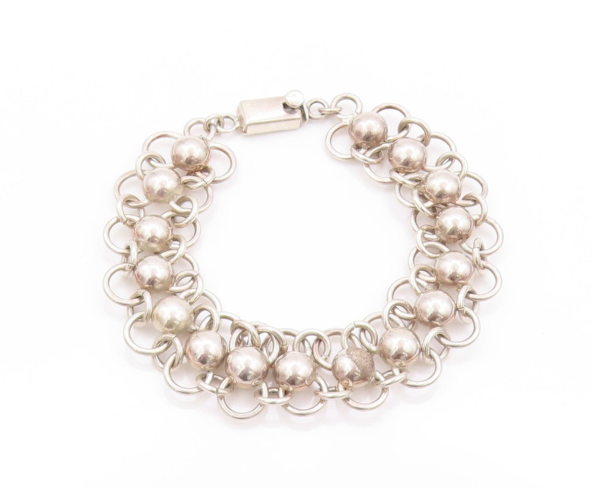 925 Sterling Silver Vintage Bracelet MEXICO Beaded Rings Interlocked  BT11239