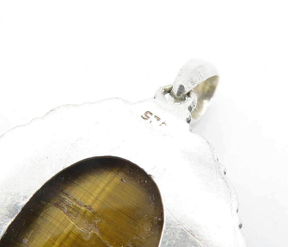 925 Sterling Silver  Vintage Cabochon Cut Tiger's Eye Wavy Pendant  PT3974