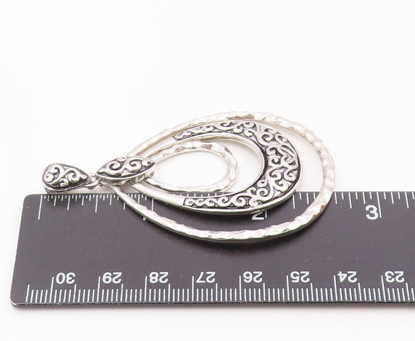 925 Sterling Silver  Shiny Graduated Tear Drop Hammered Swirl Pendant  PT13375