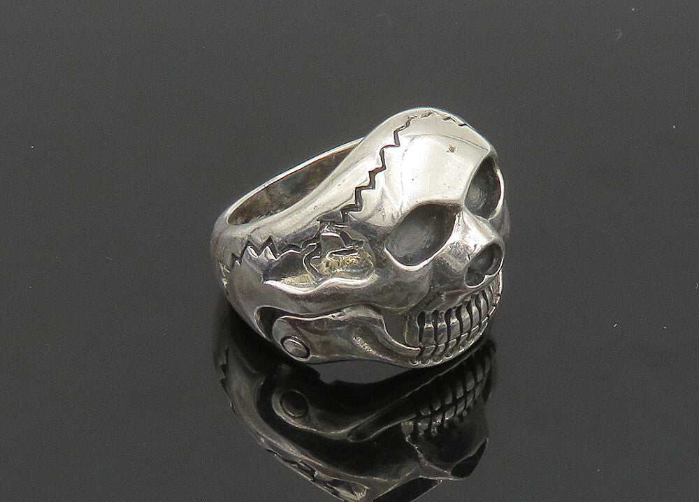 925 Sterling Silver  Vintage Shiny Skeleton Head Biker Ring Sz 9  RG22781