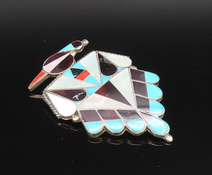 ZUNI NAVAJO 925 Silver  Vintage Onyx & Stones Peyote Bird Brooch Pin  BP10045