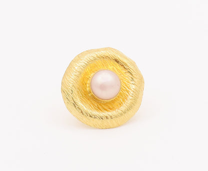 925 Sterling Silver Vintage Ring Gold Plated Grooved Pearl Hat   Sz 5.5 RG28005