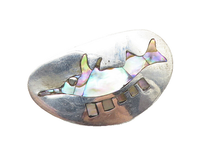 MEXICO 925 Sterling Silver  Vintage Abalone Dolphin Fish Brooch Pin  BP3842