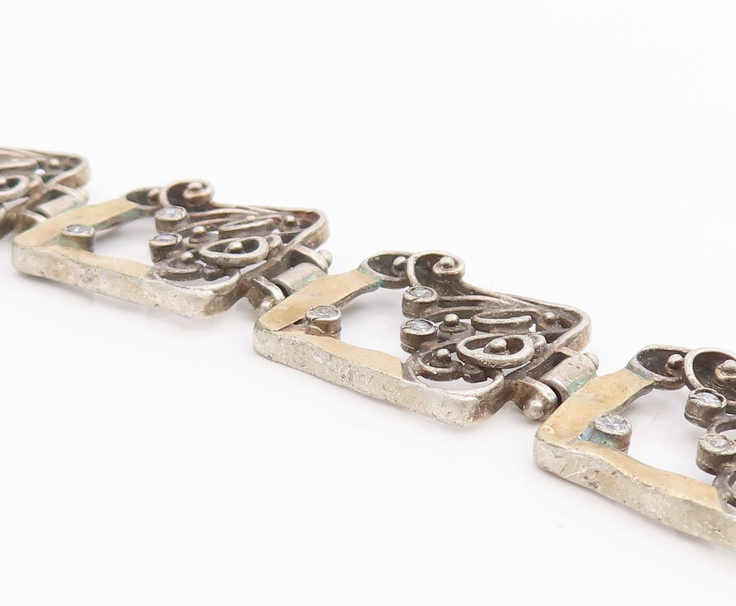 14k Gold & 925 Sterling Silver Vintage Bracelet CZ Floral Panel Link  BT11846