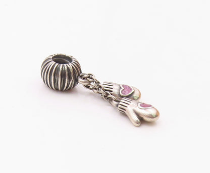 925 Silver  Vintage Enamel Love Heart Pair Of Mittens Charm Pendant  PT21740