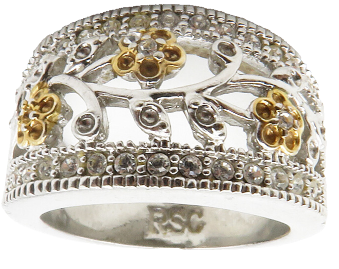 925 Sterling Silver  Topaz Two Tone Floral Vine Motif Band Ring Sz 6  RG13274