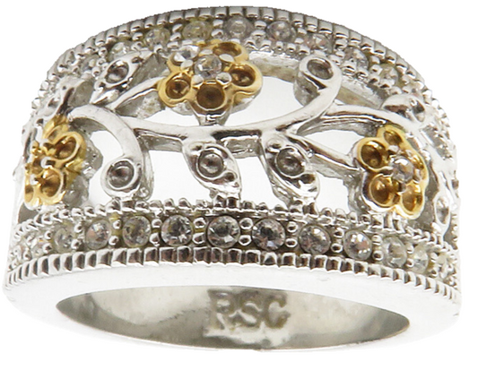 925 Sterling Silver  Topaz Two Tone Floral Vine Motif Band Ring Sz 6  RG13274