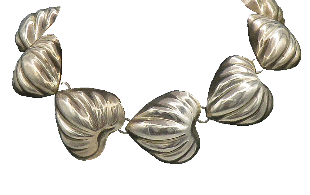 MEXICO 925 Sterling Silver  Vintage Shiny Love Heart Chain Necklace  NE2575