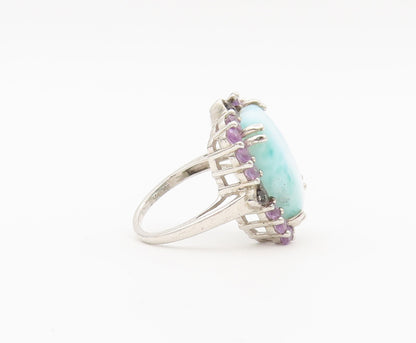 925 Sterling Silver Vintage Ring Larimar Halo Amethyst Sapphire Sz 6  RG27906