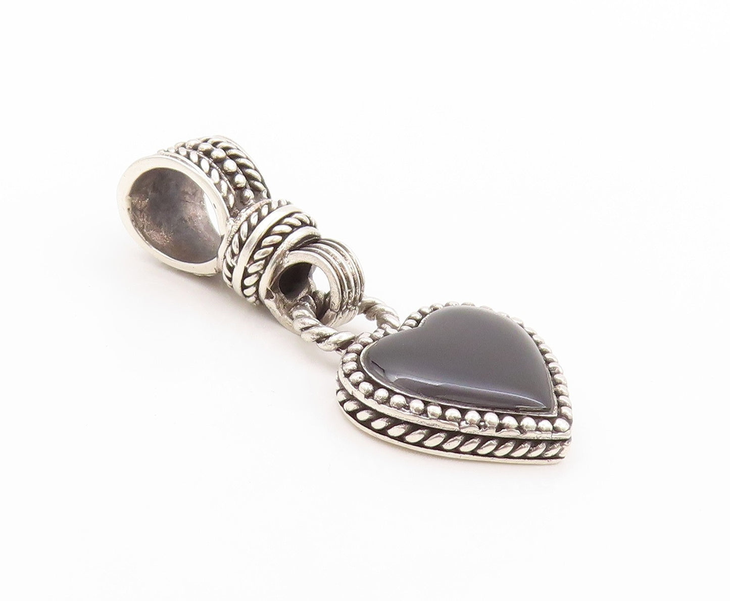 925 Sterling Silver Vintage Pendant Modernist Dangling Onyx Heart  PT24064