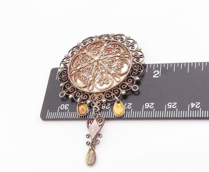 925 Sterling Silver Vintage Brooch EUROPE Floral Filigree With Dangles  BP11822