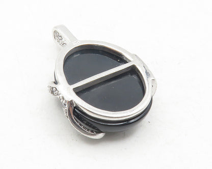 925 Sterling Silver  Cabochon Cut Black Onyx & Topaz Oval Pendant  PT9662