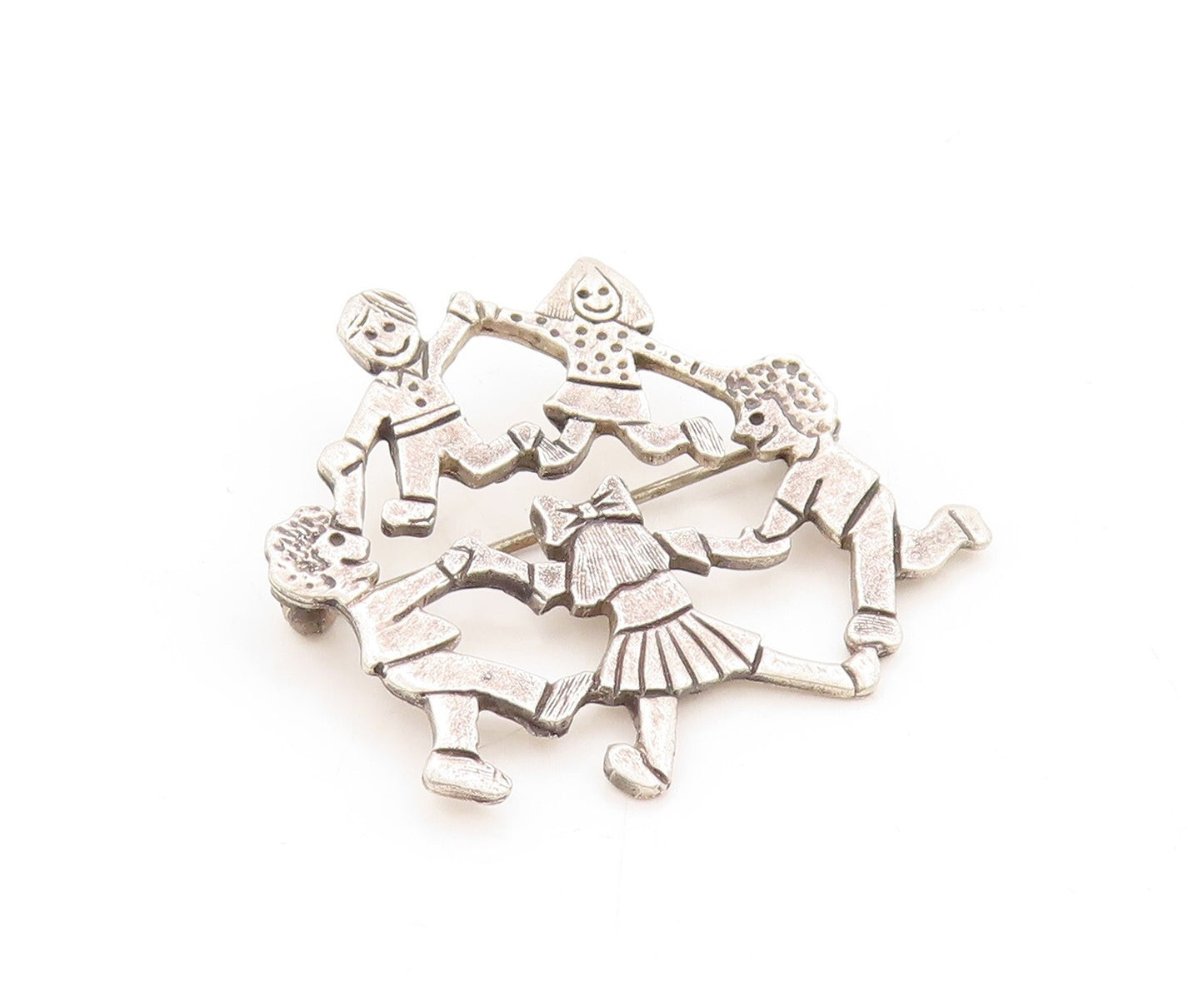 925 Sterling Silver Vintage Brooch Pin Happy Children Playing In Circle  BP11334